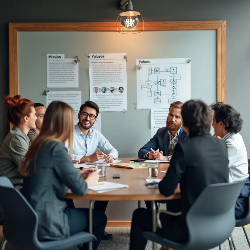Equipo de ConsultoríaGlobal discutiendo valores y misión en una oficina moderna.
